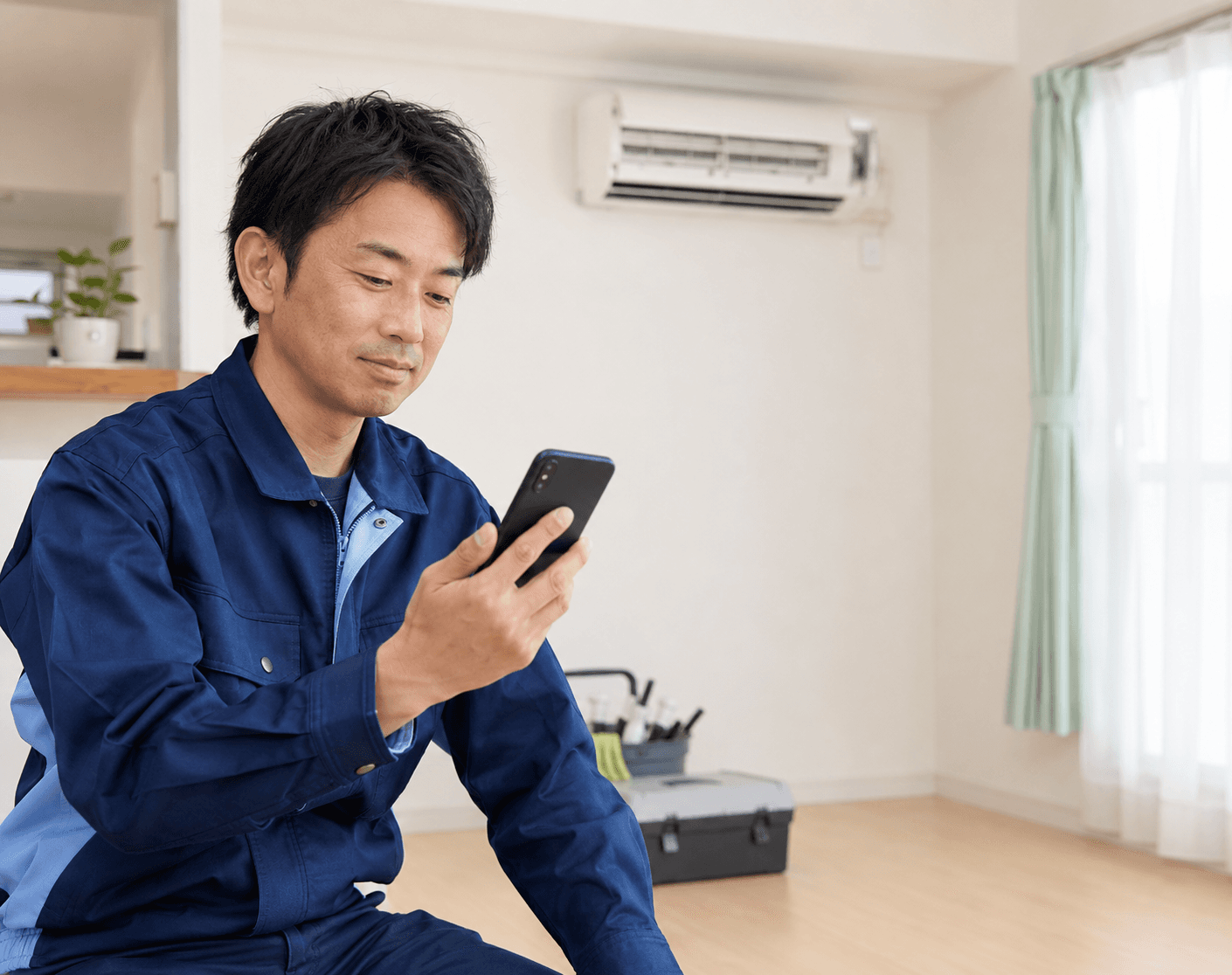 訪問サービス事業者が作業先でスマートフォンの予約通知を確認している様子